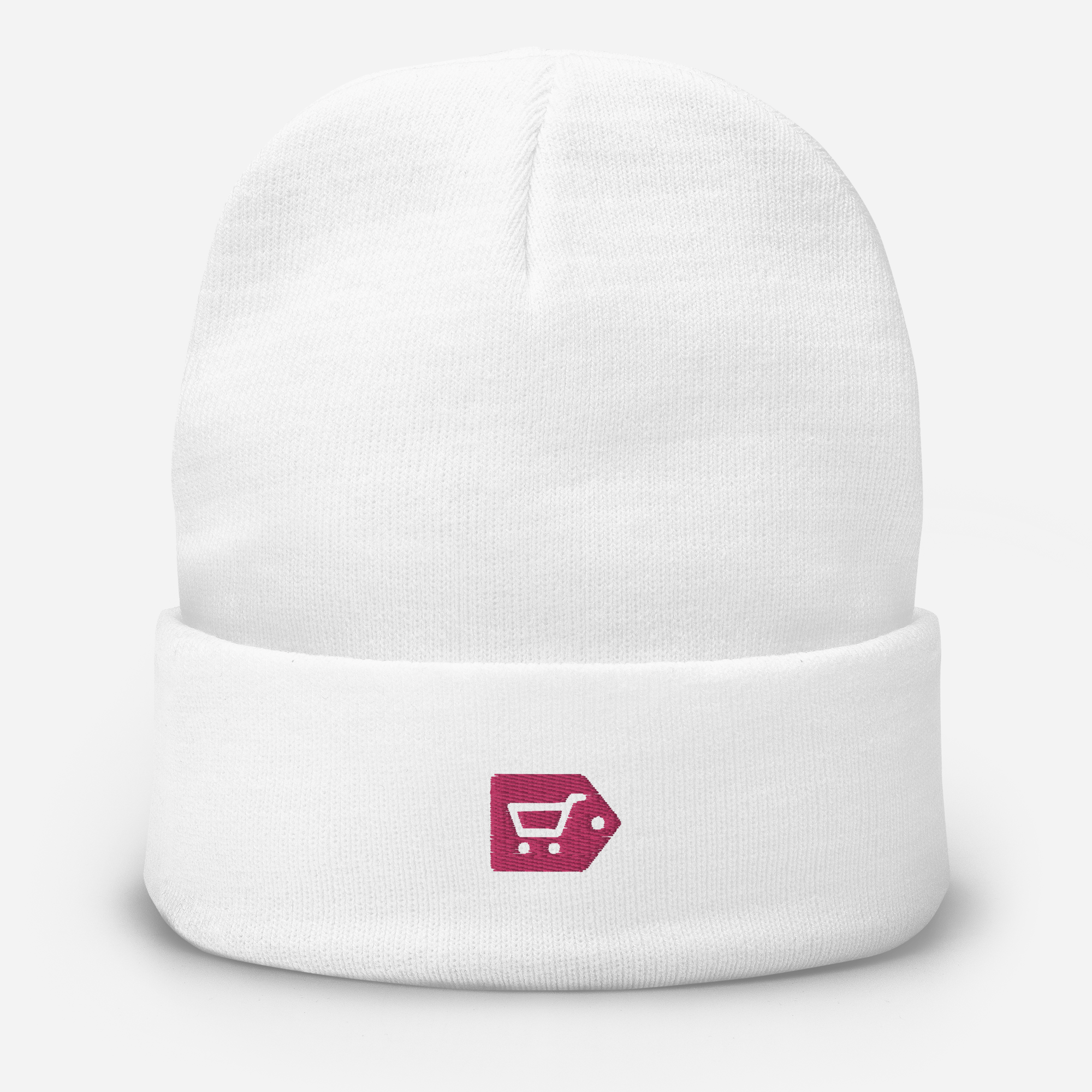 White knit beanie with embroidered ministry logo, churches example