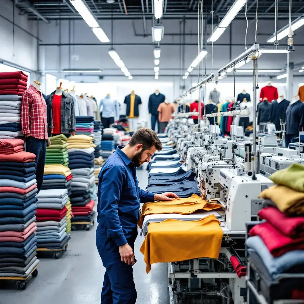 Garment factory floor with worker at sewing station surrounded by folded apparel