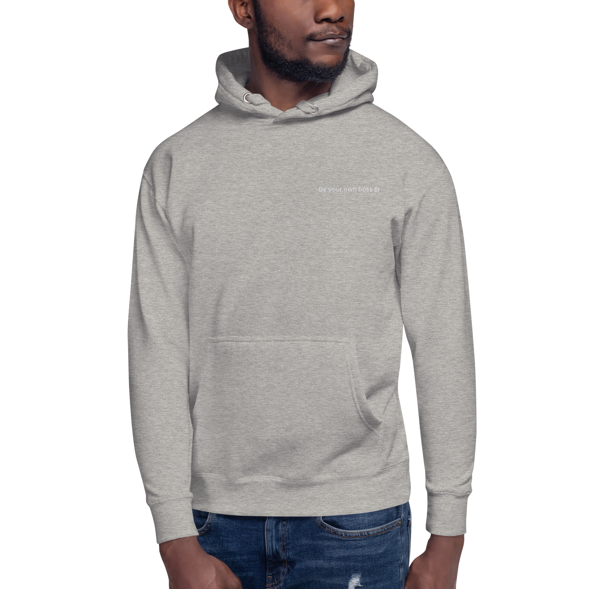 Heather-grey unisex hoodie with subtle embroidered logo, healthcare staff apparel example