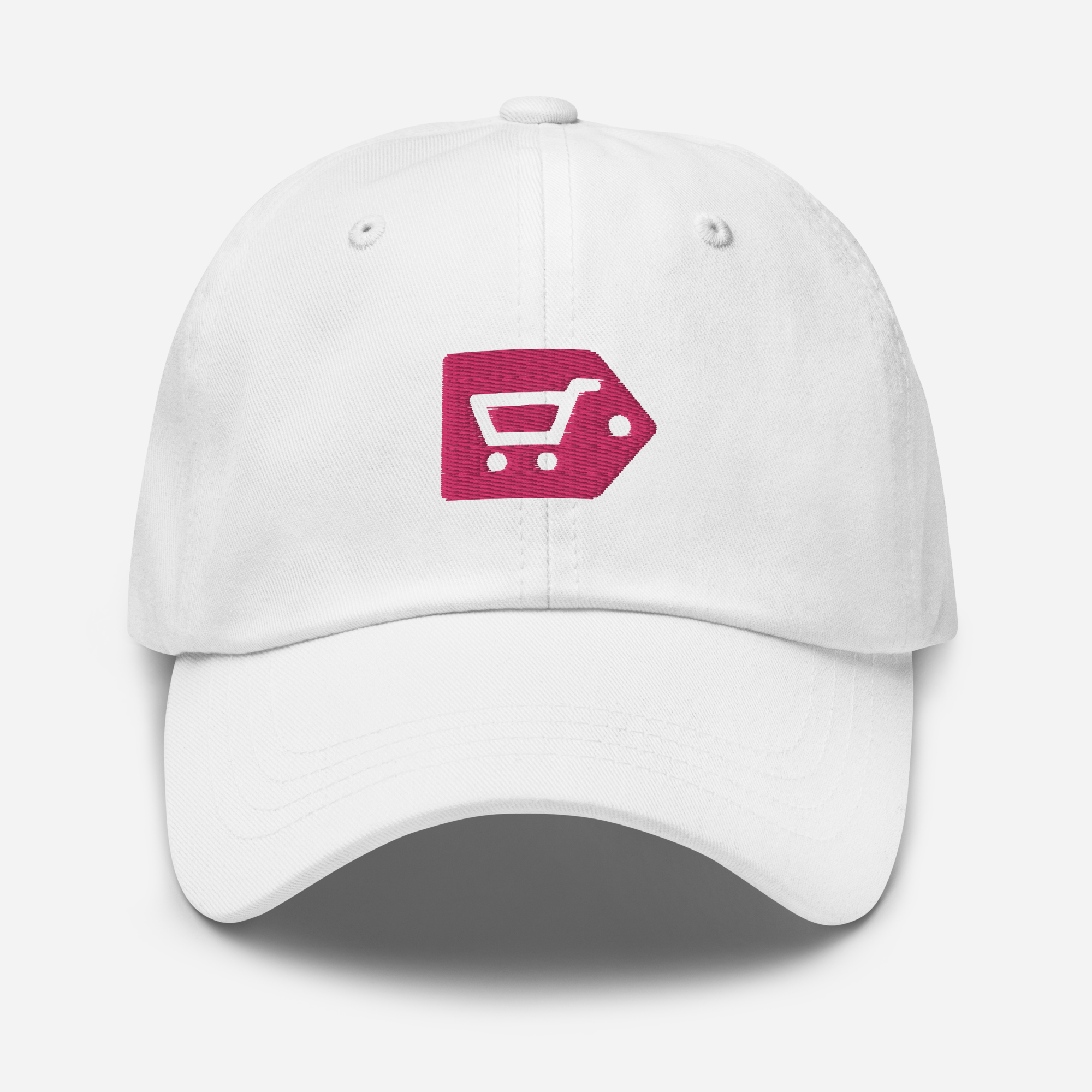 White structured baseball cap with pink embroidered cart-and-tag logo, straight-on front view