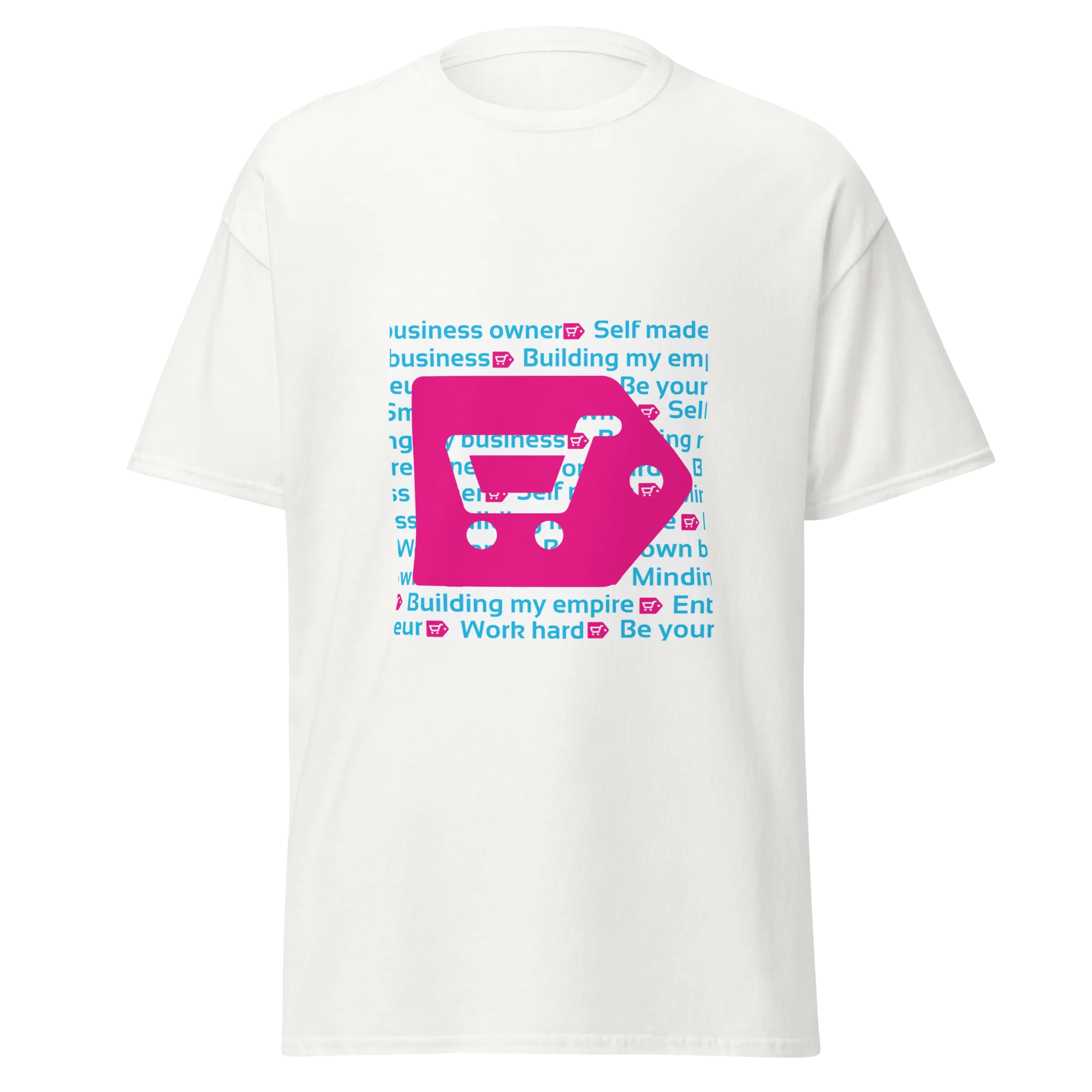 White t-shirt with bold pink and cyan branded graphic featuring a cart icon and entrepreneurial text